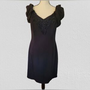 Midnight Glo black evening dress, puff sleeves with elastics, sheath sz 12
